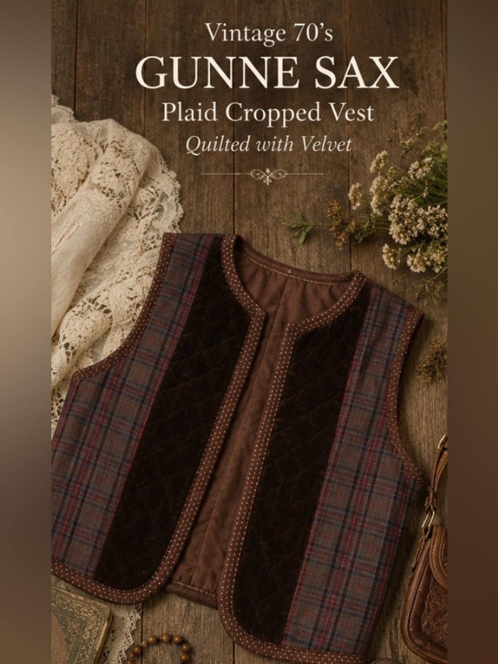 *Gunne Sax - vintage 70’s 80’s- Plaid and velvet Brown & Red Vest